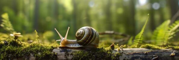 un viaje mediante el bosque. de cerca de un caracol en el bosque con natural antecedentes. ai generativo foto