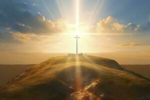 The cross of God in the rays of the sun. Cross on the hill. Religious concept. AI Generative photo