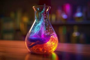 Close Up of a Science Beaker Filled with Multi Colored Liquids. AI Generative photo