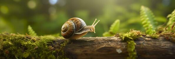 un viaje mediante el bosque. de cerca de un caracol en el bosque con natural antecedentes. ai generativo foto