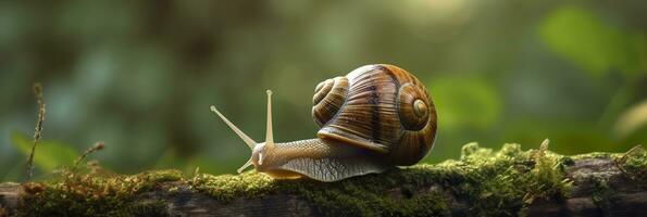 un viaje mediante el bosque. de cerca de un caracol en el bosque con natural antecedentes. ai generativo foto