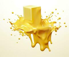 Cheese sauce splashing in the air with cheddar cheese, 3d rendering. Generative AI photo