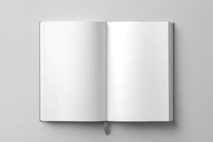 Blank opened book mockup, top view, isolated on white background. Generative AI photo