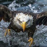 Fishing Bald Eagle, a bald eagle facing camera catches a fish out of the water, in the style of National Geographic contest winner, super telephoto close up. AI Generative photo