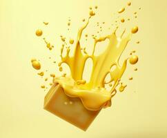 Cheese sauce splashing in the air with cheddar cheese, 3d rendering. Generative AI photo