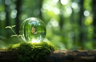 Butterfly and Crystal ball on a tree stump in the forest, natural green background. Generative AI photo