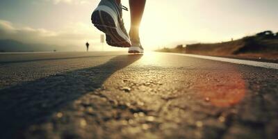 Close up on the shoe, Runner athlete feet running on the road under sunlight in the morning. AI Generative photo