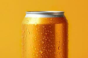 Can of fresh soda with water drops on orange background, closeup. Generative AI photo