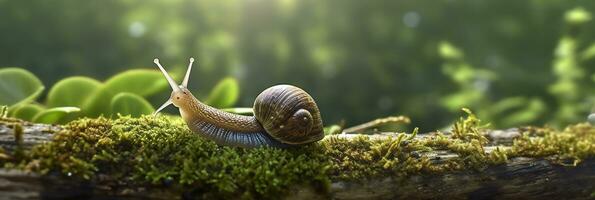 un viaje mediante el bosque. de cerca de un caracol en el bosque con natural antecedentes. ai generativo foto