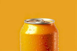 Can of fresh soda with water drops on orange background, closeup. Generative AI photo