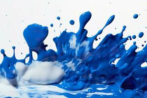 Close up of blue paint shapes on white background with copy space. AI Generative photo