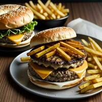 Tasty hamburger with french fries on wooden table by ai generated photo