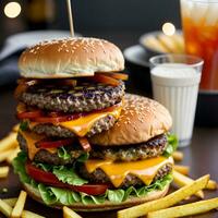 Tasty hamburger with french fries on wooden table by ai generated photo