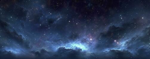 un foto de muy oscuro estrellado noche espacio tomado desde James Webb espacio telescopio, noche cielo, oscuro negro y oscuro azul tono, nebulosa, ai generativo