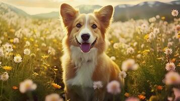 Charming corgi dog with flowers in the spring. Generative AI photo