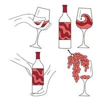 Wine bottle, glass and grapes isolated on white. Vector illustration. Vector illustration