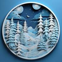 A snowy landscape with a cozy cabin in a paper cut 3d style photo