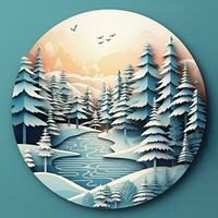 A snowy landscape with a cozy cabin in a paper cut 3d style photo