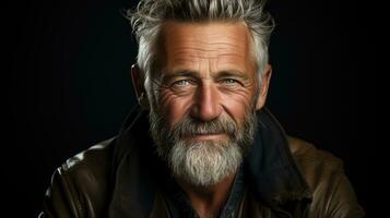 Handsome Senior Male in His 50s or 60s with Grey Hair Laughing and Smiling Against a Dark Background, Embracing Happiness and Confidence in Happy Retirement, Ai generative photo