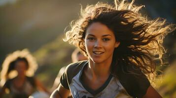 Women's Soccer Match, Athletes Competing on the Field with Afternoon Light, A Spectacle of Female Teamwork and Athletic Excellence, Ai generative photo