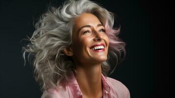 Beautiful Senior Model Woman in Her 50s 60s with Grey Hair Laughing and Smiling Against a Dark Background, Embracing Beauty, Confidence, and Joyful Aging in Happy Retirement, Ai generative photo