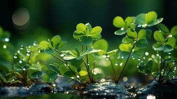 Glistening Water Drops on Fresh Green Leaves in Sunlight, with Blurry Forest Bokeh, Close-Up Beauty of Nature, Love Earth Concept, Ai generative photo