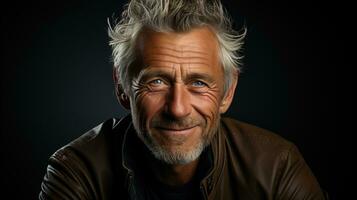 Handsome Senior Male in His 50s or 60s with Grey Hair Laughing and Smiling Against a Dark Background, Embracing Happiness and Confidence in Happy Retirement, Ai generative photo