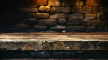 A front view of a dark gray, empty stone table with a blurry dark rock wall background, serves as a blank stone table mockup for product placement, ai generative photo