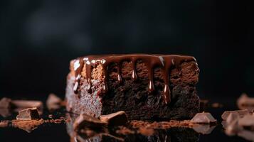 Close-Up Side View of Moist Dark Chocolate Brownies Dessert, A Tempting Homemade Delight with Decadent Fudgy Texture, Set Against a Rich and Dark Background, moist food background, Ai generative photo