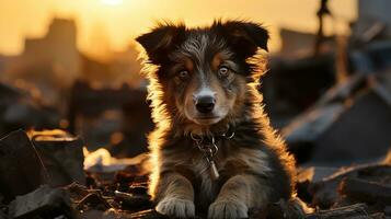 Stray Puppy on a Damaged Street in Afternoon Light - A Powerful Image for Animal Rights Advocacy, Stray dog, Ai generative photo