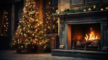 Festive Christmas Tree with Fireplace Background, Cozy Holiday Decor in a Warm Living Room, Ai generatvie photo