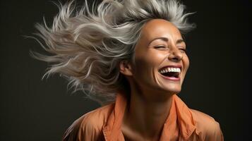 Beautiful Senior Model Woman in Her 50s 60s with Grey Hair Laughing and Smiling Against a Dark Background, Embracing Beauty, Confidence, and Joyful Aging in Happy Retirement, Ai generative photo