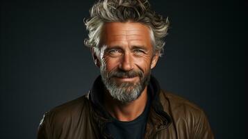Handsome Senior Male in His 50s or 60s with Grey Hair Laughing and Smiling Against a Dark Background, Embracing Happiness and Confidence in Happy Retirement, Ai generative photo