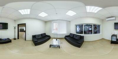 full seamless spherical hdri 360 panorama view in room for guests and relaxation in modern car center with sofas in equirectangular projection, VR content photo