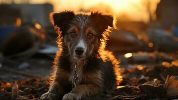 Stray Puppy on a Damaged Street in Afternoon Light - A Powerful Image for Animal Rights Advocacy, Stray dog, Ai generative photo