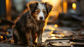 Stray Puppy on a Damaged Street in Afternoon Light - A Powerful Image for Animal Rights Advocacy, Stray dog, Ai generative photo