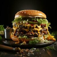 Delicious Cheeseburger Served on a Rustic Wooden Platter - Tempting Fast Food on a Dark Background, Ai generative photo