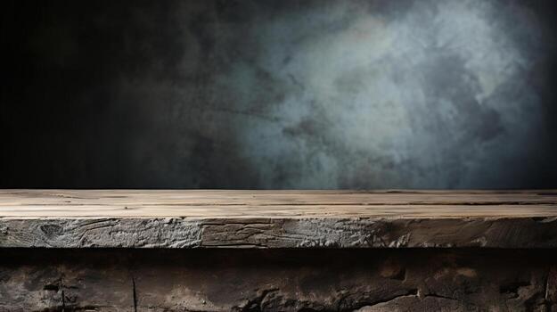Close-up of a front view of a table constructed from weathered concrete, intended for product placement, with a dark concrete background, Ai generative photo