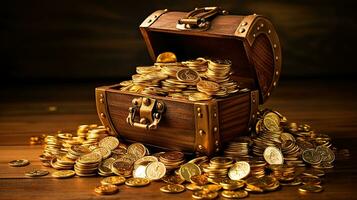 Treasure Chest Full of Glittering Gold Coins, A Symbol of Wealth and Prosperity, Set Against a Mysterious Black Background, Ai generative photo