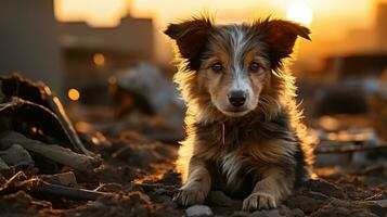 Stray Puppy on a Damaged Street in Afternoon Light - A Powerful Image for Animal Rights Advocacy, Stray dog, Ai generative photo