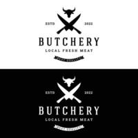 Vintage butcher template logo with knife, fresh beef. Logo for business, butcher shop, restaurant, badge and label. vector