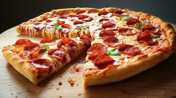 delicioso hecho en casa pepperoni pizza, rebanada de pizza, clásico italiano comodidad comida con sabroso pepperoni, ai generativo foto