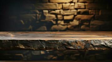 A front view of a dark gray, empty stone table with a blurry dark rock wall background, serves as a blank stone table mockup for product placement, ai generative photo