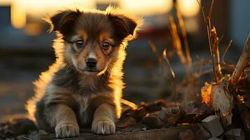 Stray Puppy on a Damaged Street in Afternoon Light - A Powerful Image for Animal Rights Advocacy, Stray dog, Ai generative photo