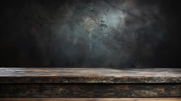 Close-up of a front view of a table constructed from weathered concrete, intended for product placement, with a dark concrete background, Ai generative photo