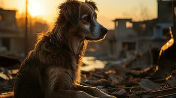 Stray Dog on a Damaged Street in Afternoon Light - A Powerful Image for Animal Rights Advocacy, Ai generative photo