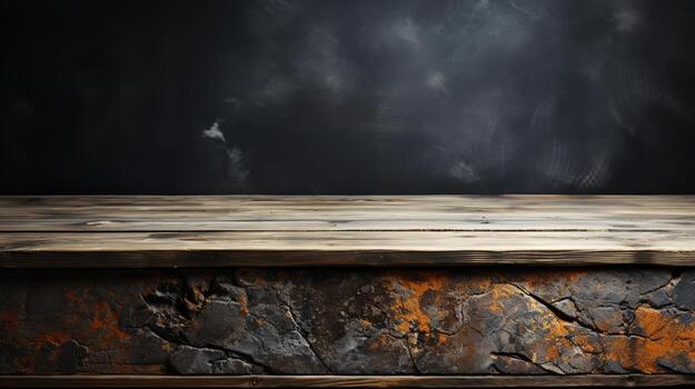 Close-up of a front view of a table constructed from weathered concrete, intended for product placement, with a dark concrete background, Ai generative photo