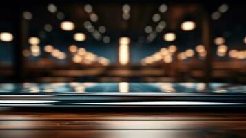 A front view of a luxurious silver metallic empty table for product placement, set against a dark, blurry city background, serves as a blank metallic table mockup photo