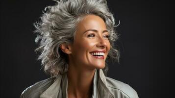 Beautiful Senior Model Woman in Her 50s 60s with Grey Hair Laughing and Smiling Against a Dark Background, Embracing Beauty, Confidence, and Joyful Aging in Happy Retirement, Ai generative photo