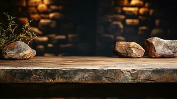 A front view of a dark gray, empty stone table with a blurry dark rock wall background, serves as a blank stone table mockup for product placement, ai generative photo